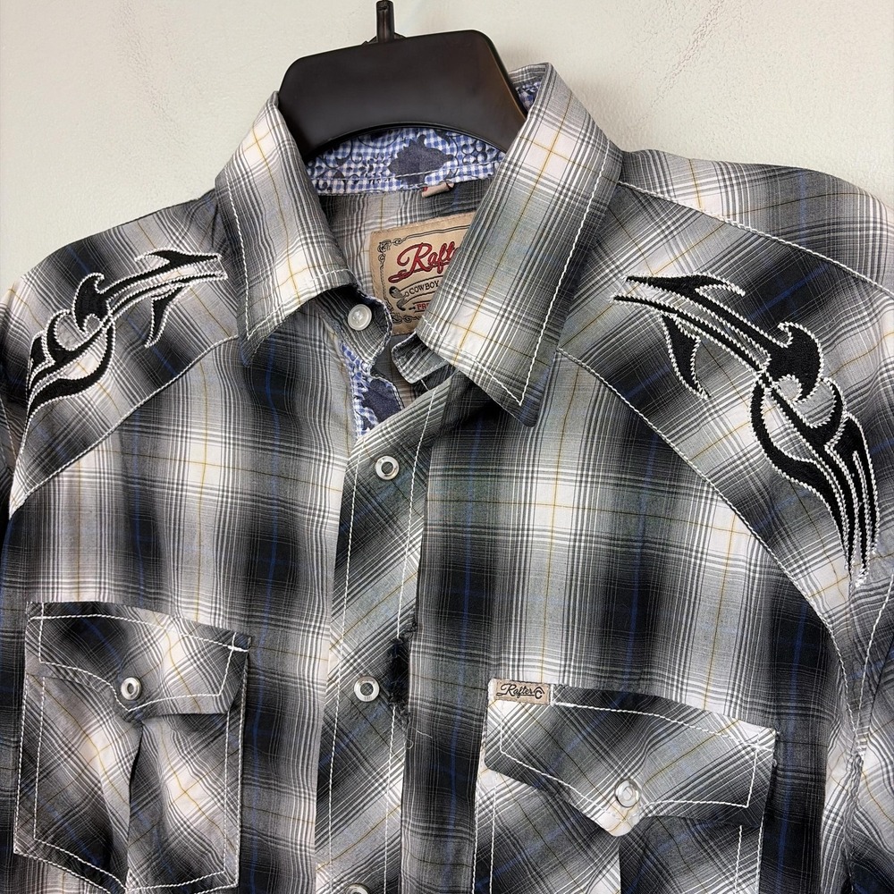 Rafter C Shirt Mens Large Gray Plaid Western Pearl‎ Snap Embroidered Long Sleeve